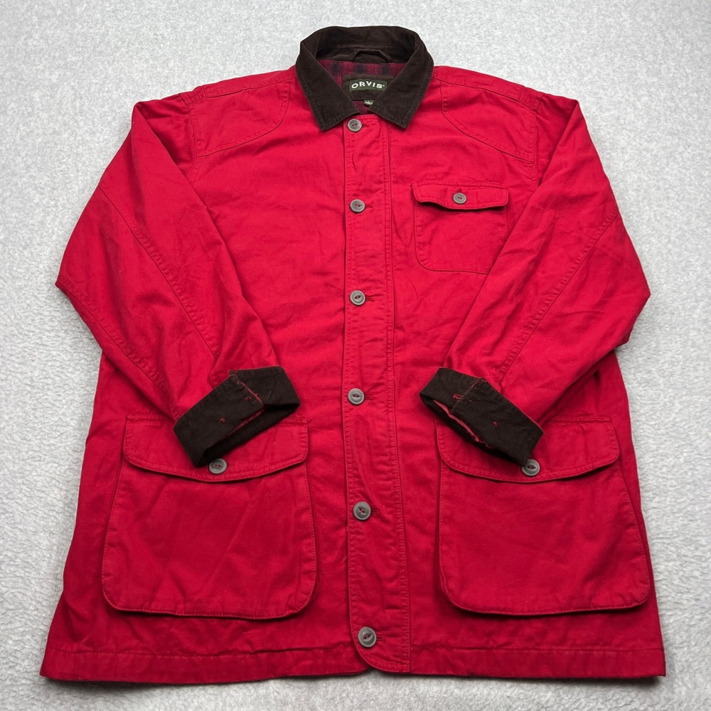 Orvis Barn Jacket Mens Large Red Plaid Flannel Lined Corduroy Trim Chore Coat